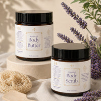 My Area Elev8d Whipped Body Butter and Foaming Body Scrub in amber jars with black lids, natural ingredients, lavender accents.