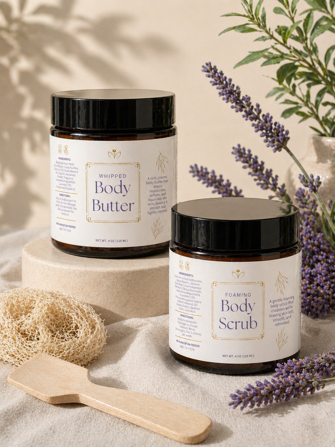 My Area Elev8d Whipped Body Butter and Foaming Body Scrub in amber jars with black lids, natural ingredients, lavender accents.