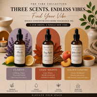 My Area Elev8d The Vibe Collection fragrance oils: Clarity, Cozy Nights, Golden Comfort. Amber bottles with droppers.