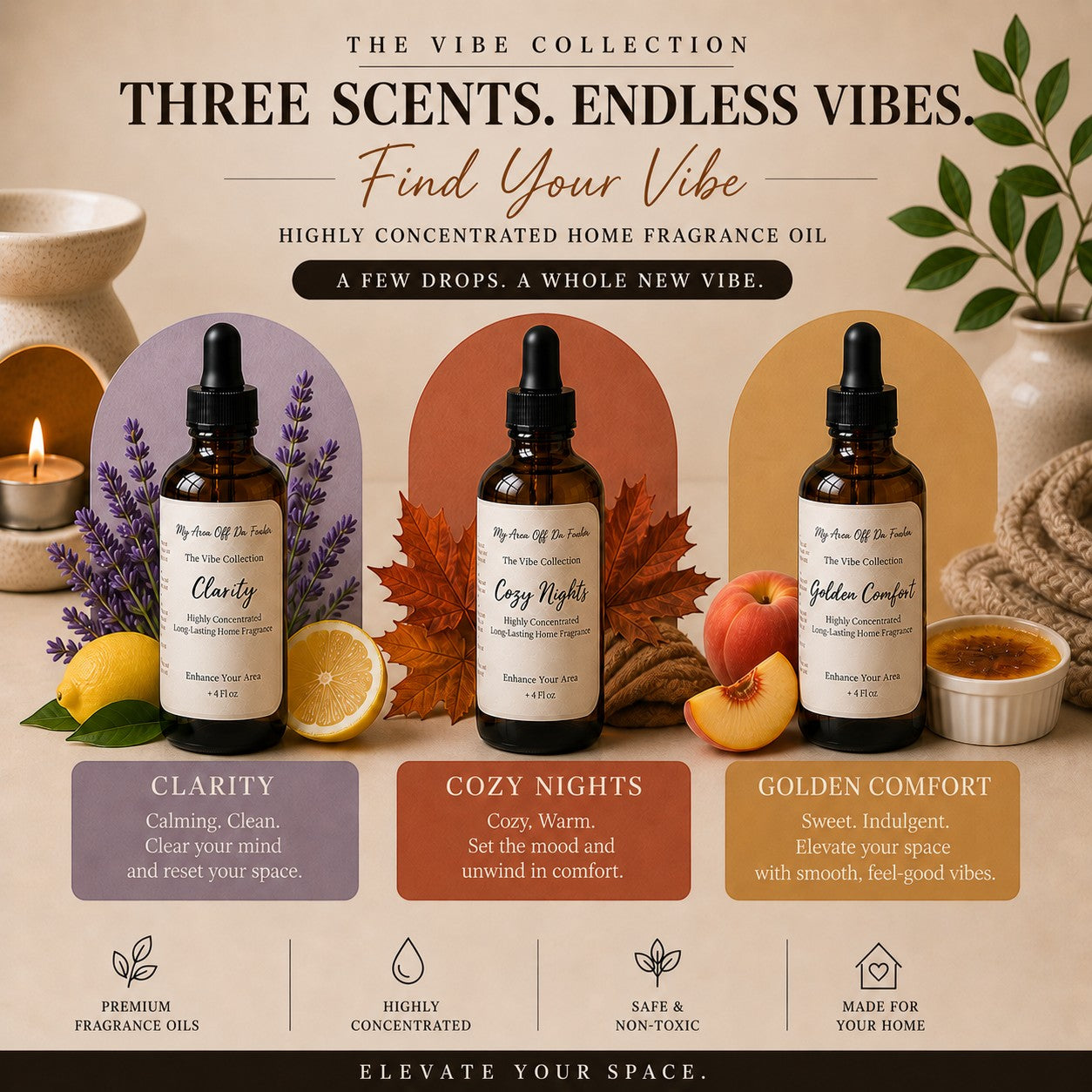 My Area Elev8d The Vibe Collection fragrance oils: Clarity, Cozy Nights, Golden Comfort. Amber bottles with droppers.