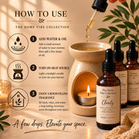 My Area Elev8d Home Vibe Collection Clarity fragrance oil dropper with wax warmer and tealight candle.