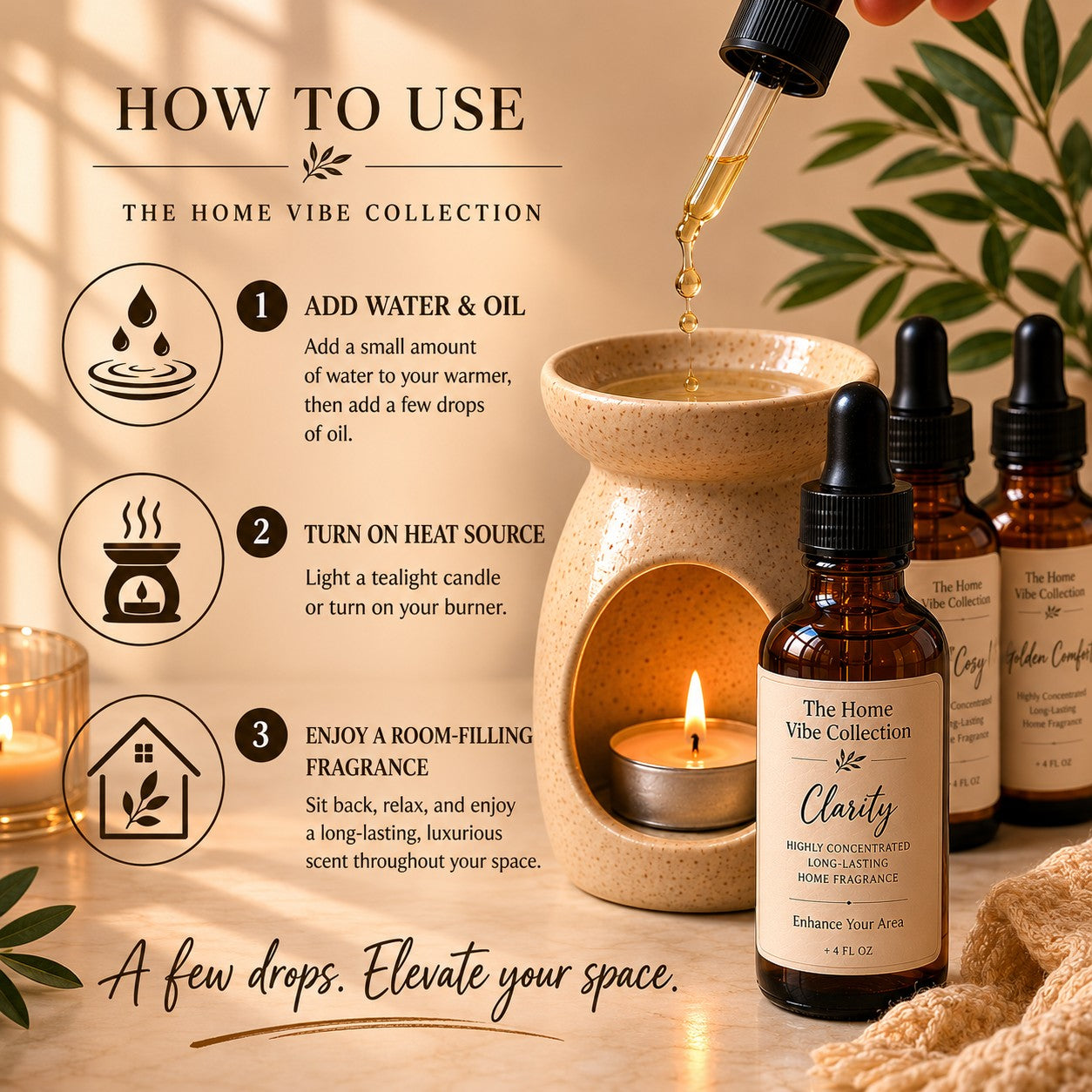 My Area Elev8d Home Vibe Collection Clarity fragrance oil dropper with wax warmer and tealight candle.